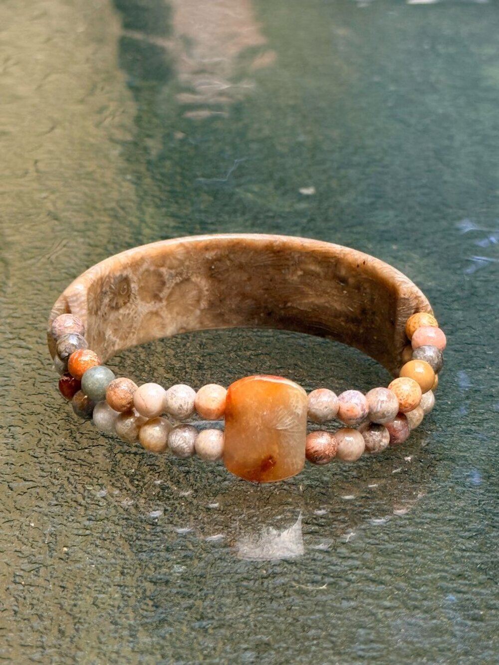 Unisex Coral Fossil Half Bangle Double Strand Bracelet